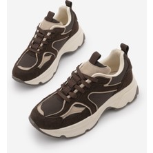 Marjin Kadın Sneaker Yüksek Kalın Taban Çok Parçalı Bağcıklı Spor Ayakkabı Merita Kahve Süet