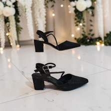 Fiyra 7012 Siyah Simli Taşlı Kalın Kare Topuk Abiye Stiletto Ayakkabı