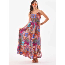 Navy Patchwork Düz Askılı Elbise