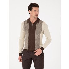 Cacharel Erkek Kahverengi Slim Fit Pamuk Karışımlı Fermuarlı Polo Yaka Triko Kazak 50318975-VR029