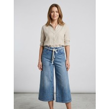 Centilmen Asso Yüksek Bel Hasır Ip Kemerli Bol Paça Culotte Denim Kapri Pantolon 98869