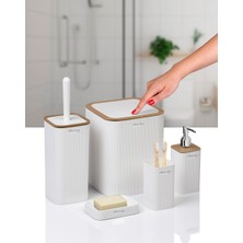 Okyanus Home 5'li Banyo Seti Beyaz Çizgili Kare Tasarım Suya Dayanıklı Malzeme
