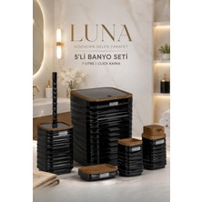 Okyanus Home Luna Siyah Ahşap Desenli Kare Banyo Seti Modern Tasarım 5'li Set