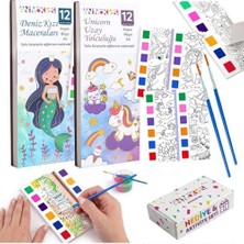 Duca Store Animokids Sulu Boya Defteri Seti (2 Kitap + 2 Fırça) - Kendin Yap Kitap Ayracı, Her Sayfada Entegre Boya Paleti - Çocuklar ve Yetişkinler Için Hediye Aktivite Seti (Deniz Kızı-Unicorn)