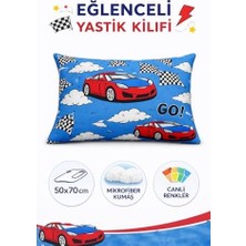 Duca Store Lüks%80 Pamuklu Tek Kişilik Nevresim Takımı Çocuk Desen Kırmızı Araba Desen + Lastikli Çarşaf +1 Adet Yastık Kılıflı (Mavi-Araba)