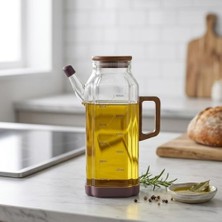 Duca Store Akasya Ahşap Detaylı Borosilikat Cam Yağlık ve Sirkelik 1000 ml - Şık, Ölçülü ve Damlatmaz Mutfak Gereci