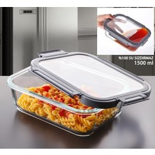 Duca Store 1 Adet 1500 ml Borosilikat Cam Saklama Kabı - 4 Klipsli Kilitli Bambu Kapaklı Sızdırmaz Vakumlu Dikdörtgen Erzak ve Yemek Kabı Isıya Dayanıklı Ekstra Büyük Boy Kutu