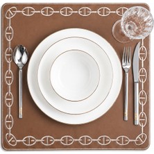 Evien Home Nakışlı Deri Amerikan Servis Kare 2'li Set Çift Taraflı Supla 40X40 cm Raya Kahve Gold