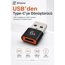 Zilvana Usb-A Erkek To Usb-C Dişi USB 3.0 Şarj ve Veri Aktarım Dönüştürücü Adaptör – 6A Baskılı LED Göstergeli Siyah/turuncu