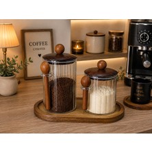 Arlina Home Kids 2'li  Akasya Kapaklı Kaşıklı Cam Kavanoz Seti Akasya Standlı 650ML,1000ML