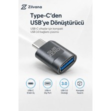 Zilvana Usb-C Erkek To Usb-A Dişi USB 3.0 Otg Dönüştürücü Adaptör – Koyu Gri