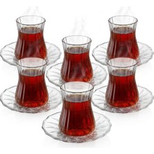 Duca Store 12 Parça Çay Seti - 6 Adet Fitil Desenli Cam Çay Bardağı ve 6 Adet Cam Çay Tabağı - Isıya Dayanıklı Çay Takımı