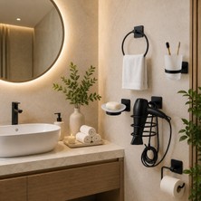 Duca Store Yapışkanlı Banyo Aksesuar Seti,fön Makinesi Tutacağı,tuvalet Kağıdı Askısı,sabunluk,diş Fırçalık,yuvarlak Havlu Askısı (Set1)