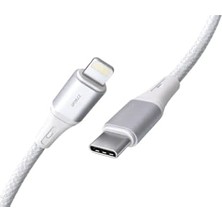 Duca Store Type C-Lightning Örgülü 27WATT Pd Hızlı Şarj Kablosu, Beyaz/gümüş Metal (100 Cm)