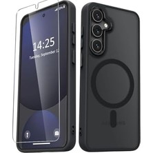 Duca Store -  Galaxy S25 Fe ile Uyumlu Kılıf Mat Magsafe ile Uyumlu Şarj Özellikli Renkli Kenarlı + Ekran Koruyucu Cam Set - Siyah