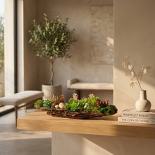 Decoroon El Yapımı Uzun Masa Dekoru 50 cm – Gerçek Ağaç Kabuğu, Şoklanmış Yosun ve Sukulent Tasarım, Orta Sehpa & Salon Dekoru