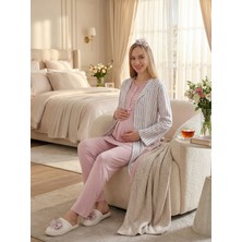 Lohussa Yeni Sezon Pudra Çizgili Şal Yaka Yazlık Düğmeli Tasarım Kısa Kol Hamile Sabahlık Pijama Takımı Seti