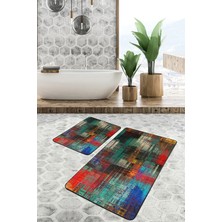 Rem Home Remhome Çok Renkli Zeminde Yağlı Boya Motifli Modern Sanat Modern Klasik 2'li Banyo & Mutfak Paspas Takımı Takım Banyo Paspası