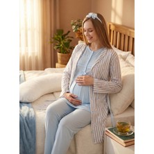 Lohussa Yeni Sezon Mavi Çizgili Şal Yaka Yazlık Düğmeli Tasarım Kısa Kol Hamile Sabahlık Pijama Takımı Seti