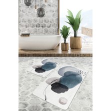 Rem Home Remhome Ekru Zeminde Modern Sanat Motifli Siyah Mavi Yağlıboya Desenli Bohem Klasik 2'li Banyo Paspas Takımı Takım Banyo Paspası