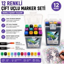 Trendhane 12 Renk Çift Uçlu Marker Kalem Seti – Taşıma Kutulu Profesyonel Renkli Işaret Kalemi