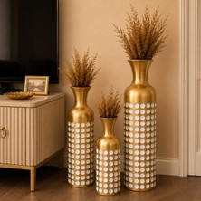 Vien Home Seramik Görünümlü Metal Dekoratif Yer Vazosu – Gold Beyaz Puantiyeli Modern Salon Vazosu