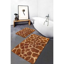 Rem Home Remhome 2'li Set Kahverengi Zeminde Zürafa Motifli Kürk Desenli Sade & Şık Klasik 2'li Banyo Paspas Takımı Takım Banyo Paspası