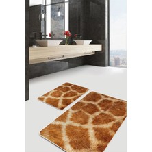 Rem Home Remhome 2'li Set Kahverengi Zeminde Zürafa Motifli Post Desenli Sade & Şık Klasik 2'li Banyo Paspas Takımı Takım Banyo Paspası
