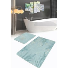 Rem Home Remhome Mint Yeşili Temalı Yaprak Desenli 2'li Kaymaz Tabanlı Banyo & Mutfak Paspas Takımı Takım Banyo Paspası