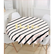 Rem Home Remhome Beyaz Zemin Üzerinde Renkli Yatay Çizgili Gold Detaylı Hello Yazılı Yuvarlak Masa Örtüsü - Çap 140CM 140 x 140 cm