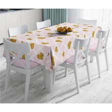 Rem Home Remhome Damalı Pudra Renkli Altın Kalpler Özel Tasarım Leke Tutmaz Masa ÖRTÜSÜ-120X140 cm