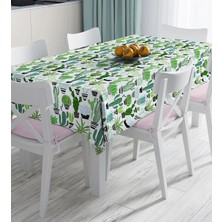 Rem Home Remhome Beyaz Zemin Üzerinde Yeşil Kaktüs Desenli Dijital Baskılı Masa Örtüsü 90 x 90 cm