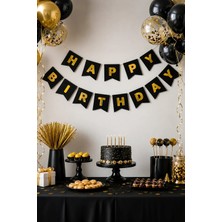 Dodomar Happy Birthday Banner Siyah Gold Yazılı Doğum Günü Parti Süsü Duvar ve Fotoğraf Alanı Dekoru