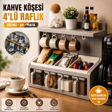 Trendhane 4’lü Kahve Köşesi Düzenleyici Raf – Kupa Askılı Çok Bölmeli Mutfak Tezgah Üstü Organizer, Kahve Kapsülü, Çay, Baharat ve Kavanoz Saklama Rafı