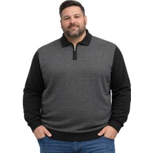 Battal Moda Erkek Büyük Beden Siyah Polo Yaka Fermuarlı Triko Kazak 5xl-6xl-7xl-8xl