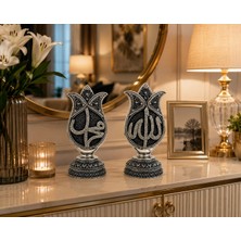 Home Dekor Hediye Dekoratif 2'li Biblo Seti Gümüş Siyah Lale Allah Muhammed Tasarımlı Şık Ev Ofis Dekorasyonu 19 cm
