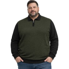 Battal Moda Erkek Büyük Beden Haki Polo Yaka Fermuarlı Triko Kazak 5xl-6xl-7xl-8xl
