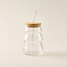 Balsa Onda Bambu Kapaklı Cam Pipetli Bardak - Şeffaf / Açık Kahverengi - 450 ml