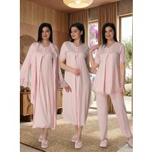 Lohussa Kadın Pudra Dantelli Pamuklu Hamile Lohusa Sabahlık Pijama Takımı Gecelik 4'lü Set