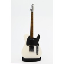 Diyez Müzik Telecaster Kasa Tasarım Elektro Gitar Şeklinde Standlı Biblo – Beyaz/siyah (Turuncu Perdeli Sap)