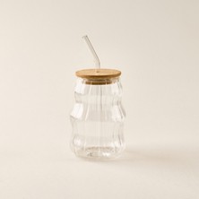 Balsa Reef Bambu Kapaklı Cam Pipetli Bardak - Şeffaf / Açık Kahverengi - 450 ml