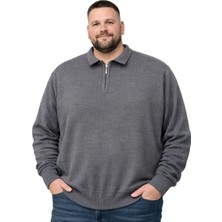 Battal Moda Erkek Büyük Beden Füme Polo Yaka Fermuarlı Dokulu Triko Kazak 3xl-4xl-5xl-6xl
