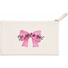 Print Copy Center Pembe Fiyonklu "ı'm Just A Girl" Baskılı Kalın Kumaş Makyaj ve El Çantası Çok Amaçlı Mini Portföy Organizer