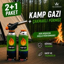 Glaswen 2+1 Çakmaklı Pürmüz Yedek Kartuşu Kamp Gazı 400 ml Piknik Kamp Mangal Mutfak Ateş Tutuşturucu