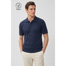 Allunique Lacivert İnce Örgü Kısa Kollu Rayon Yazlık Triko Gömlek