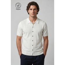 Allunique Bej Ince Örgü Kısa Kollu Rayon Yazlık Triko Gömlek