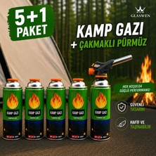 Glaswen 5+1 Çakmaklı Pürmüz Yedek Kartuşu Kamp Gazı 400 ml Piknik Kamp Mangal Mutfak Ateş Tutuşturucu