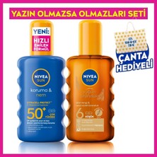 Nivea SUN SPF50+ Güneş Koruyucu Vücut Spreyi 200ml ve Bronzlaştırıcı Güneş Yağı Seti, Plaj Çantası Hediye
