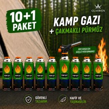 Glaswen 10+1 Çakmaklı Pürmüz Yedek Kartuşu Kamp Gazı 400 ml Piknik Kamp Mangal Mutfak Ateş Tutuşturucu