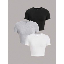 Öz Pamuk Kadın 3 Lü Adet Fitilli %100 Pamuklu Bisiklet Yaka Örme Kaşkorse Crop T-Shirt